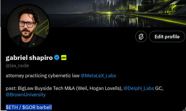 Twitter profile of gabriel shapiro (@lex_node), an attorney practicing cybernetic law at MetaLeX Labs with past experience at BigLaw firms and Brown University, featuring an $ETH/$GOR barbell investment.