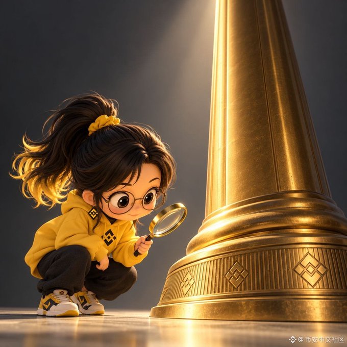 A 3D-rendered chibi-style girl with a ponytail and glasses crouches and examines a golden pillar base with a magnifying glass.