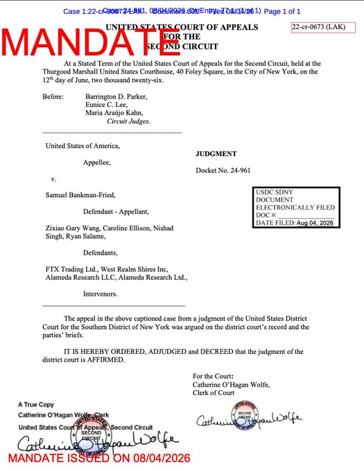 A mandate from the United States Court of Appeals for the Second Circuit (Case 22-cr-0673) dated August 4, 2026, affirming the district court's judgment against Samuel Bankman-Fried and co-defendants Zixiao Gary Wang, Caroline Ellison, Nishad Singh, and Ryan Salame. The "MANDATE ISSUED ON 08/04/2026" stamp confirms the Second Circuit's denial of SBF's appeal, upholding his fraud and conspiracy conviction as referenced in the post.