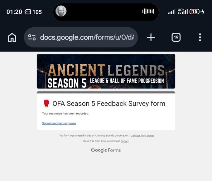 A mobile screenshot of a Google Forms confirmation page showing 'OFA Season 5 Feedback Survey form' for Ancient Legends Season 5 League & Hall of Fame Progression, with confirmation that the response has been recorded.