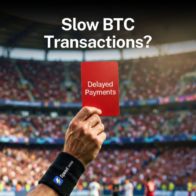 A referee holding up a red 'Delayed Payments' card at a crowded stadium, with the text 'Slow BTC Transactions?' overlaid and a 'Speed Wallet' wristband visible.