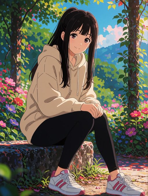 An anime-style illustration of a girl with long black hair in a ponytail, wearing a beige hoodie and black leggings, sitting on a stone in a lush garden filled with colorful flowers.
