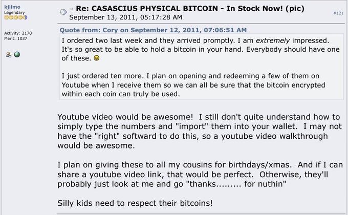 A forum post on kijiji from September 13, 2011, in which a user named Cory enthusiastically describes their experience ordering physical "Casascius" bitcoins, planning to buy ten more to redeem on Youtube, and requesting a tutorial video to help their cousins understand how to use the coins before gifting them for birthdays and Christmas.