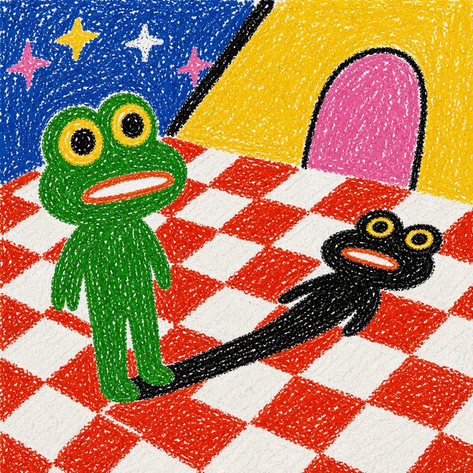 A crayon-style illustration features a green frog-like figure standing on a red-and-white checkered floor, with its black shadow cast against the backdrop of a yellow building with a pink door and a starry blue sky.