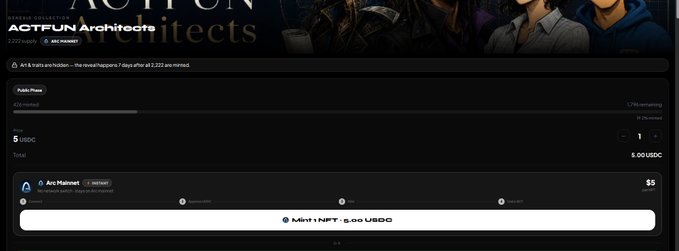 A screenshot of a dark-themed NFT auction interface titled 'ACTFUN Architects' shows an item listed as 'Arc Mallmeet' with a bid history at the bottom.
