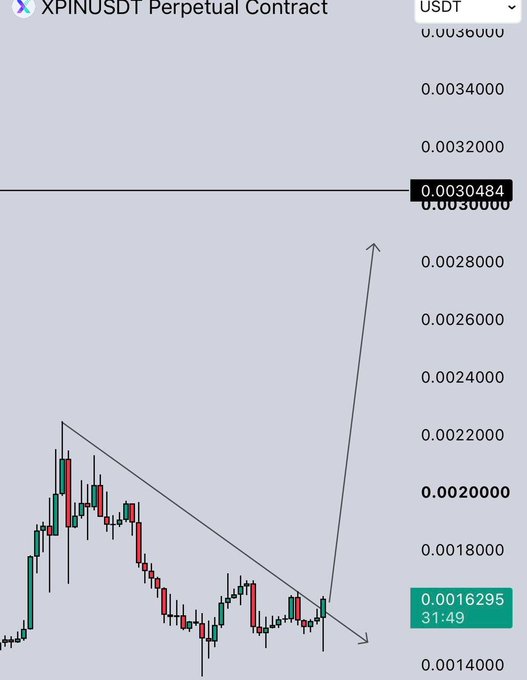 A crypto trading chart for the XPINUSDT Perpetual Contract shows a descending triangle pattern with a breakout arrow pointing upward, current price at 0.0016295, with a key level marked at 0.0020000.