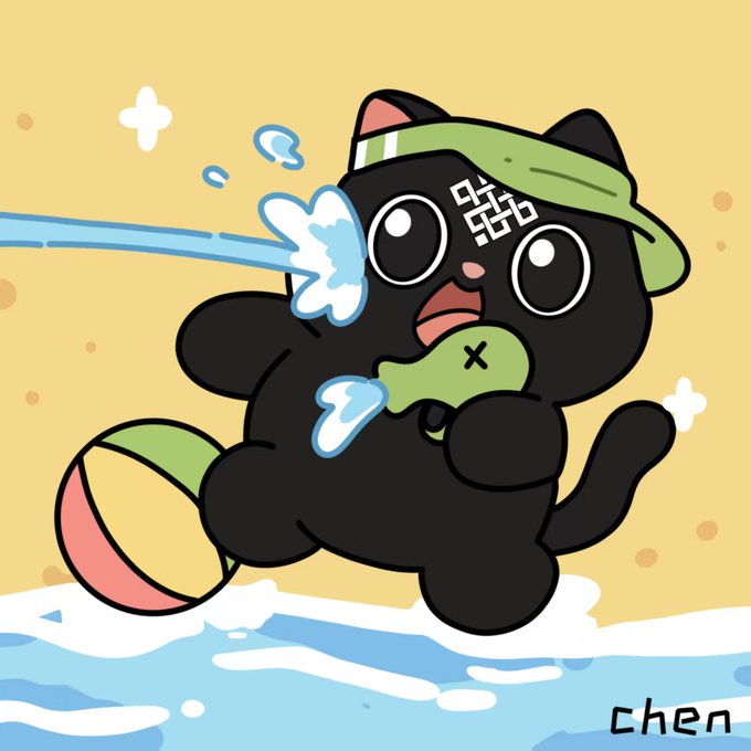 An illustration of a black cat with a green visor and fish, spraying water, signed 'chen'.