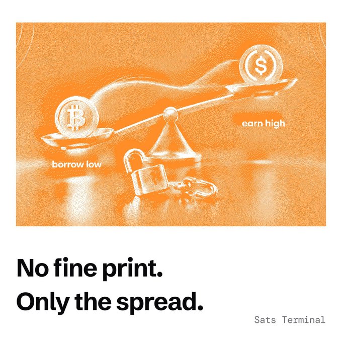 An orange-toned graphic for 'Sats Terminal' showing a balance scale with Bitcoin on one side and a dollar sign on the other, with text 'borrow low' and 'earn high', and the tagline 'No fine print. Only the spread.'