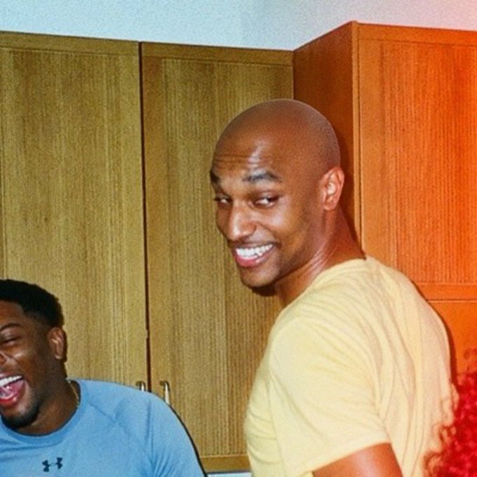 A bald man in a yellow t-shirt looks back over his shoulder with a sly, knowing grin, while another man in a blue Under Armour shirt laughs beside him. The smug expression on the man in yellow visually mirrors the "guess who's the mfer" punchline, suggesting he's the fool who bought a tiny amount of $ANSEM dreaming of a four-figure airdrop.