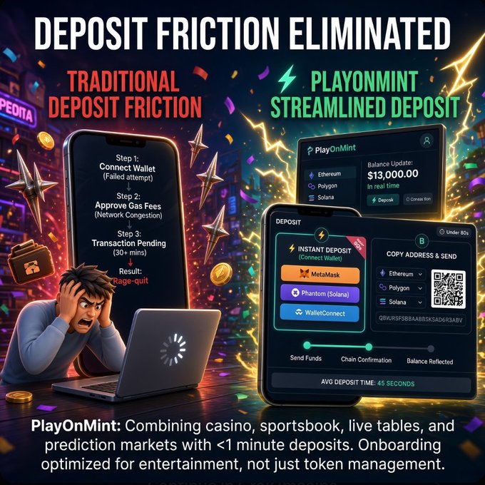 A promotional graphic titled 'DEPOSIT FRICTION ELIMINATED' contrasting 'TRADITIONAL DEPOSIT FRICTION' with 'PLAYONMINT STREAMLINED DEPOSIT,' advertising <1 minute deposits for casino and sportsbook platforms.