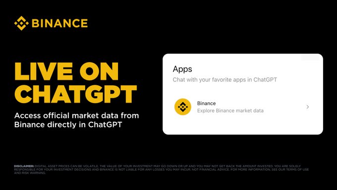 The image features a computer screen displaying a banner for Binance, an exchange that allows users to talk about their favorite apps directly through ChatGPT. The main focus of the image is the live chatbot feature and its connection to the Binance app. The text on the image highlights how Binance can help users easily share information about apps they are talking about.
