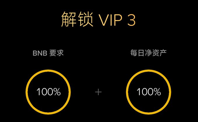 A Chinese-language screen displaying '解锁 VIP 3' (Unlock VIP 3) with requirements of 100% BNB and 100% daily net assets, shown as two golden circles connected by a plus sign on a black background.