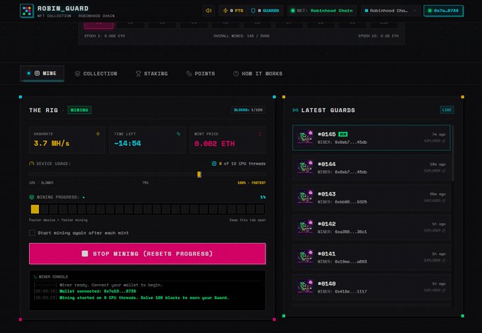 A dashboard for a cryptocurrency mining game called Robinhood Guard, displaying mining statistics with a hashrate of 3.7 MH/s and a list of recent NFT mining transactions.