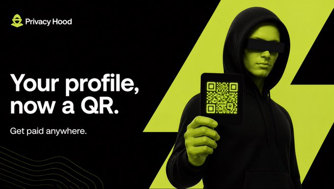 An advertisement for Privacy Hood featuring a person in a black hoodie holding a card with a QR code, with text reading 'Your profile, now a QR. Get paid anywhere.'