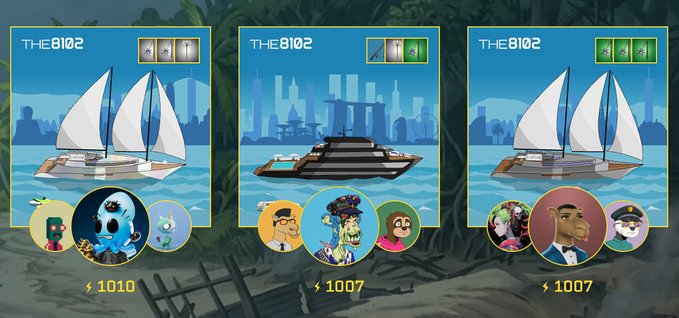 Promotional graphic for the game "The 8102" showcasing three yacht NFTs (priced at 1010, 1007, and 1007) in front of a futuristic city backdrop, each with distinct character avatars displayed below, illustrating the game's free mission and giveaway promotion mentioned in the post.