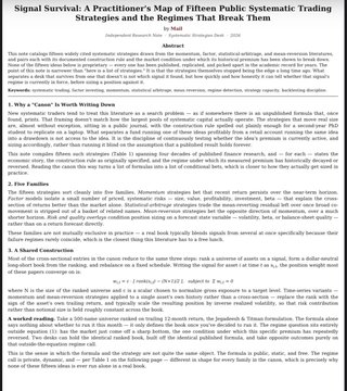 A document titled 'Signal Survival: A Practitioner's Map of Fifteen Public Systematic Trading Strategies and the Regimes That Break Them' outlining trading rules including '3. Why a "Game" Is Worth Writing Down,' '4. The Four Families,' '5. A Shared Construction,' '6. Regime Identification,' '7. Strategy Index,' '8. A Worked reading,' and '9. A Concluding on Regimes.'