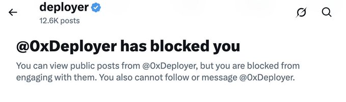 A screenshot from X (formerly Twitter) shows that the user @deployer has blocked the account, with a note that the account has 12.6K posts and the user can still view public posts but cannot engage, follow, or message @0xDeployer. This image illustrates the poster's claim that Sushiswap and @pools_dot_fun are attempting to "silence" them on X by blocking the account, presumably in response to their criticism of the PoolsClosedRH token.
