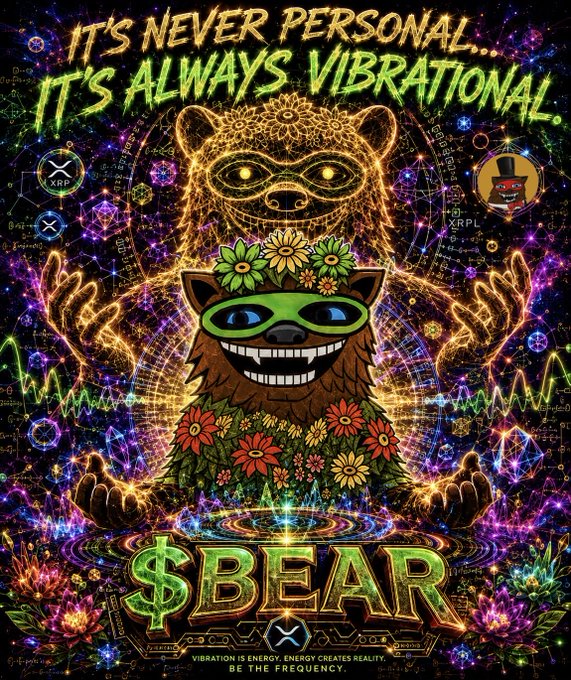 A vibrant psychedelic illustration features a cartoon bear wearing a flower crown and green visor, surrounded by glowing geometric patterns, a bear spirit guide above, and crystal lotus flowers, with bold text reading "IT'S NEVER PERSONAL... IT'S ALWAYS VIBRATIONAL." and "$BEAR" at the bottom, alongside XRP, XRPL, and XBF ticker logos—perfectly mirroring the post's message about energy, frequency, and $BEAR vibes on the XRP Ledger.