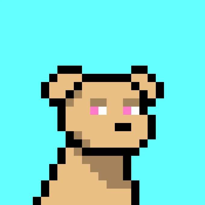 A pixel art portrait of a tan dog with pink eyes and a black nose, displayed on a bright turquoise background, representing one of the digital "Doginal Dogs" collectibles referenced in the post about staying persistent and being rewarded with an NFT dog.