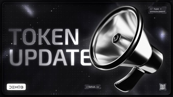A promotional graphic for a 'TOKEN UPDATE' announcement featuring a large 3D megaphone against a dark starry background, with the Dehub logo and website '//dehub.io' visible.