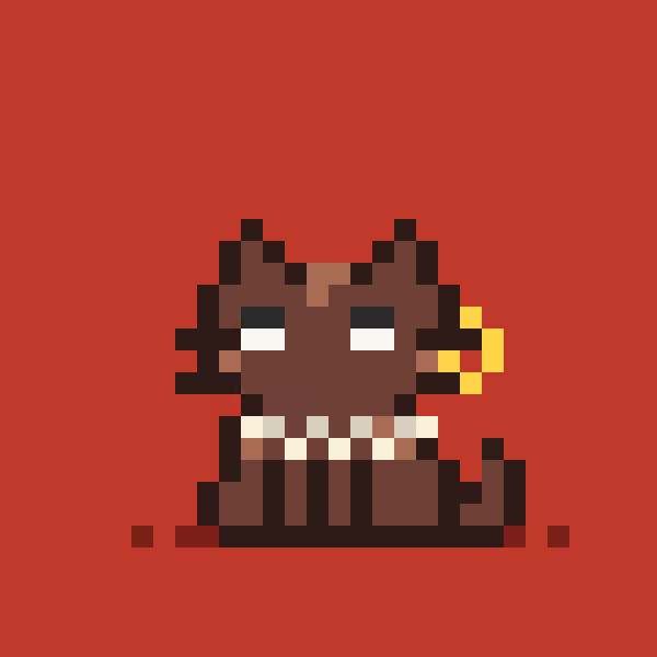 Pixel art of a small brown creature with large eyes and a wide toothy grin, featuring a yellow tail and a small dark tail, sitting against a solid dark red background.