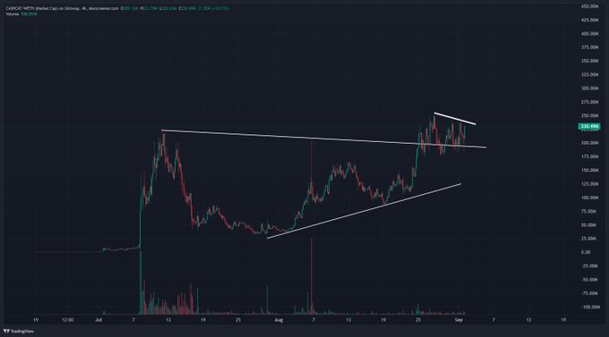 A TradingView candlestick chart of $CASHCAT (Cash Cat) on Coinbase, displaying a bullish wedge/triangle pattern from July through September with price consolidating between roughly $25M and $125M, alongside a separate descending upper trendline near the recent $223.94M price level. The accompanying "$CASHCAT time" caption highlights the token as a notable play being watched during this consolidation phase.
