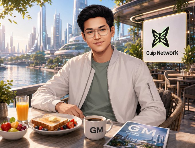 An illustrated portrait of a young man with glasses wearing a white jacket, sitting at a table with breakfast items and a coffee mug labeled 'GM', with a 'Quip Network' logo in the background.