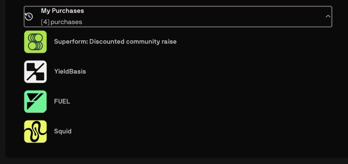 A "My Purchases" section displays 4 purchases: Superform: Discounted community raise, YieldBasis, FUEL, and Squid, illustrating the user's investment track record on Legion that yielded strong ROI.