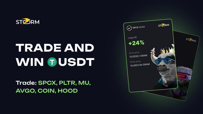 A promotional graphic for "STORM" features the text "TRADE AND WIN USDT" alongside a list of tradable assets (SPCX, PLTR, MU, AVGO, COIN, HOOD), with a sample trade card showing a +24% return on SPCX GRAM and a meme-style image of a crowned figure wearing sunglasses, illustrating a winning trade submission eligible for USDT rewards.