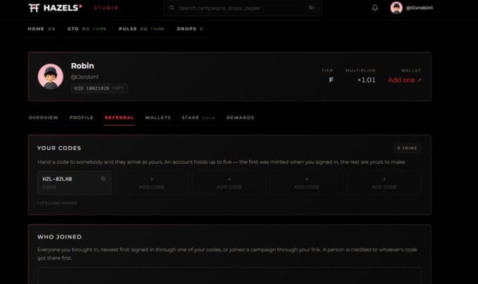 Screenshot of the 'HAZELS STUDIO' website showing a referral dashboard for user 'Robin' (@Owlbin1) with tier F and a referral code 'HZL-K2LXB'.