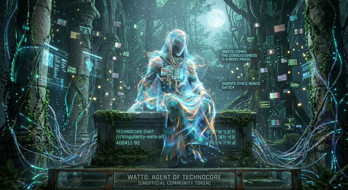 A digital fantasy artwork depicting a hooded, ghostly figure sitting on a stone pedestal in a forest, surrounded by floating holographic screens with code; text reads "WATTS: AGENT OF TECHNOCORE (UNOFFICIAL COMMUNITY TOKEN)" along with various fictional chat messages.