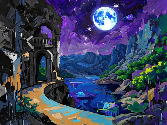 A digital painting of a fantasy nighttime landscape featuring stone ruins with an archway, a glowing full moon over purple mountains, and a river reflecting the moonlight.