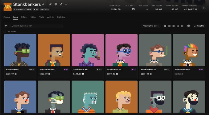 The image shows the OpenSea NFT collection page for "Stonkbankers," featuring pixel-art character avatars with a $100 floor price, 41 total owners (48.2%), and various listed items priced between $100 and $219.99, directly illustrating the post's announcement about the collection's launch on OpenSea and prompting users to find their banker.