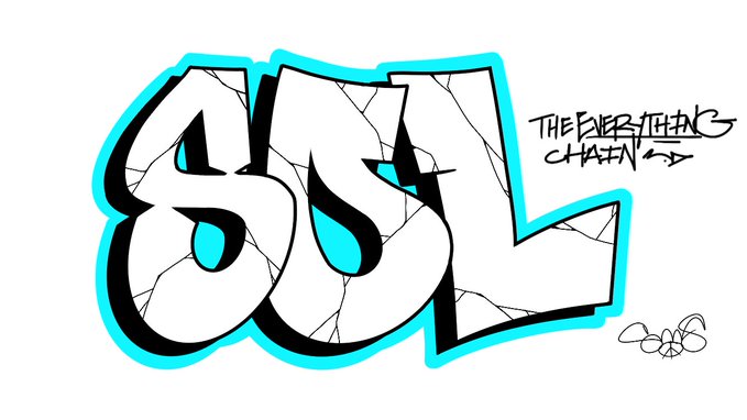 A graffiti-style artwork featuring the word 'SOL' in large white and blue cracked letters, signed 'THE EVERYTHING CHAIN' in the upper right.