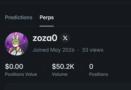 A profile page on a dark-themed platform shows a user named 'zozo' with an anime-style avatar, displaying 'Joined May 2026', '$0.00 Positions Value', and '$50.2K Volume' under the 'Perps' tab.