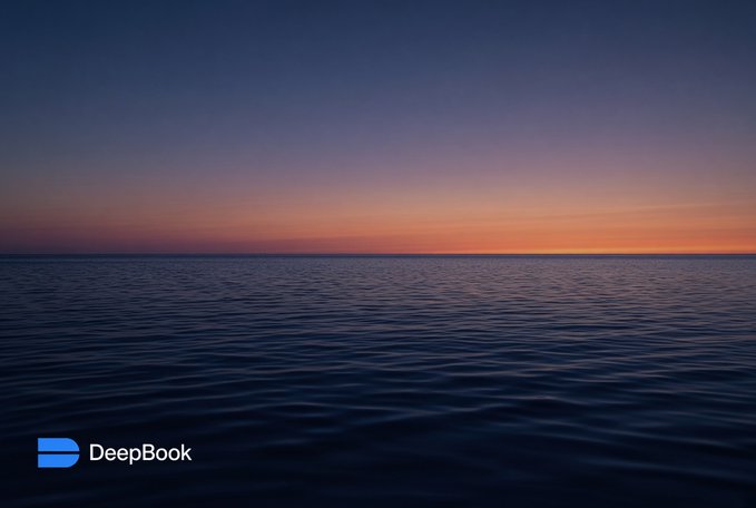 A serene seascape at sunset features a gradient sky of deep blue fading to orange above a dark, rippling ocean, with the "DeepBook" logo in the bottom left.
