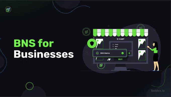 A promotional graphic with a black background reads 'BNS for Businesses' in green and white text, alongside an illustration of a storefront with a shopping cart interface for purchasing a BNS Name, branded with beldex.io.