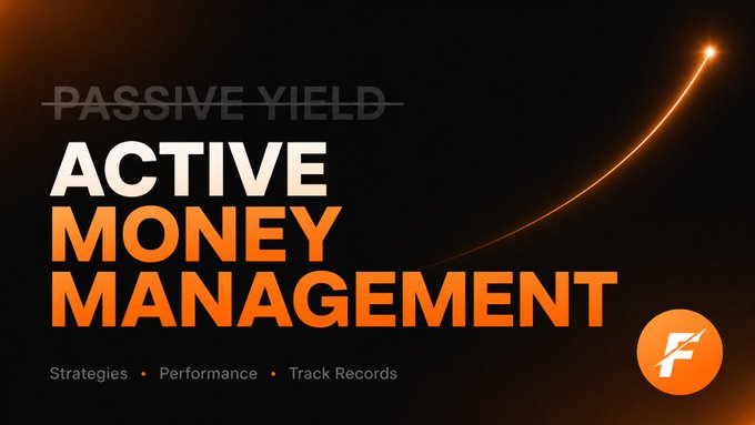 A promotional graphic crossing out 'PASSIVE YIELD' and highlighting 'ACTIVE MONEY MANAGEMENT' in orange, with subtitle 'Strategies • Performance • Track Records' and an orange logo in the corner.