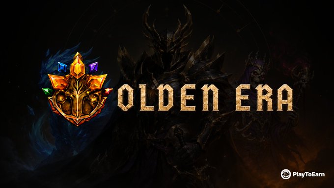 The image displays the "OLDEN ERA" logo featuring an ornate golden crest adorned with colorful gemstones, set against a dark background showcasing a horned, armored figure. This promotional graphic aligns with the post announcing Olden Era's listing on PlayToEarn, highlighting the browser-based PvE card-battler game (OEM) with its player-owned economy.