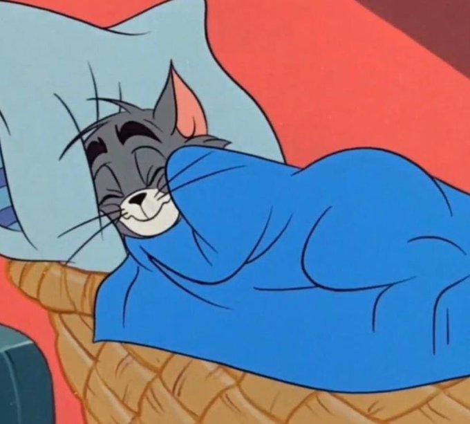 Tom from Tom and Jerry smiling peacefully while wrapped up snugly in a blue blanket in a woven basket with a light blue pillow.
