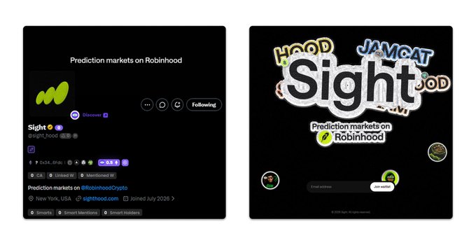 Two social media profile screens for 'Sight' (@sight_hood), a prediction markets platform on Robinhood launching July 2026 in New York, USA, featuring a green logo and ticker symbols HOOD, JAMGAT, and SOD.