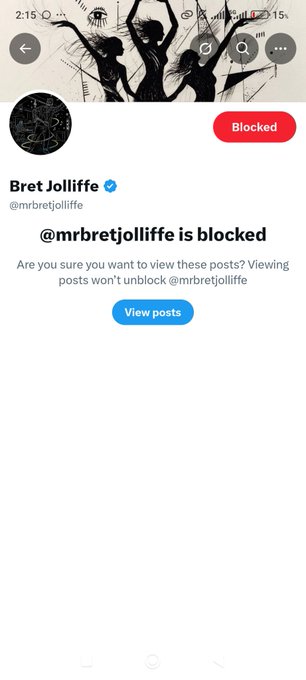 A screenshot of an X (formerly Twitter) profile page showing that the user @mbretjolliffe is blocked, with a warning stating "Viewing posts won't unblock @mbretjolliffe" and a blue "View posts" button.