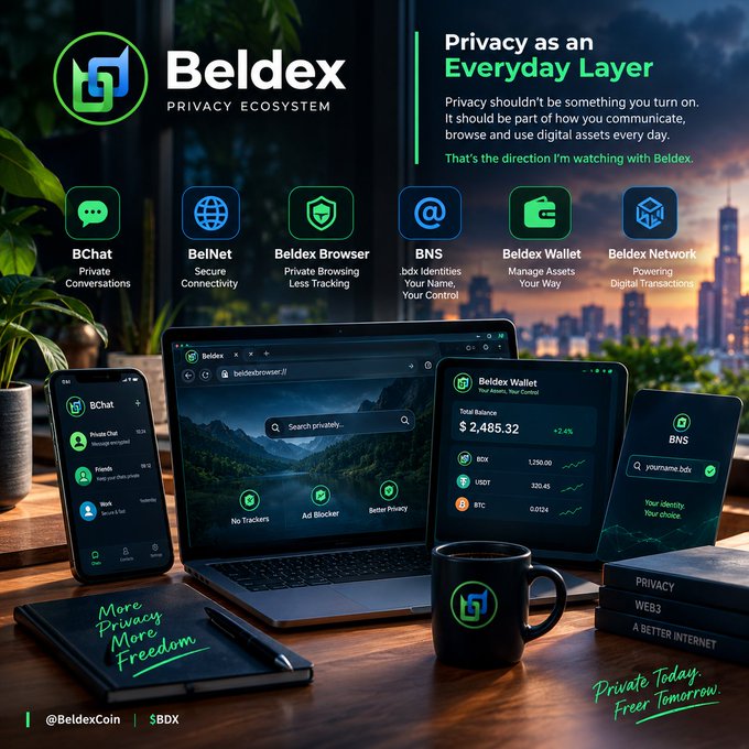 Promotional graphic for the Beldex Privacy Ecosystem showing devices displaying BChat, BelNet, Beldex Browser, BNS, Beldex Wallet, and Beldex Network, with the tagline 'Privacy as an Everyday Layer' and the handle '@BeldexCoin $BDX'.