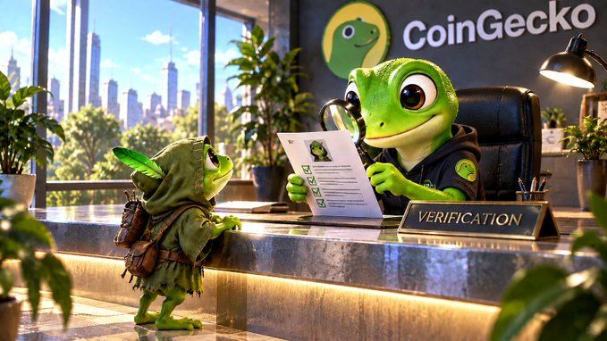 A 3D illustration depicts the CoinGecko mascot gecko in a hoodie at a 'VERIFICATION' desk with a magnifying glass, checking a document for a smaller, cloaked gecko character.