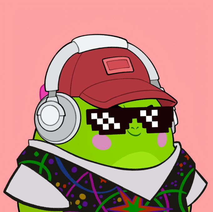 An illustration of a green cartoon character (resembling Duolingo's mascot) wearing a red and white baseball cap, pixelated sunglasses, white headphones, and a colorful patterned shirt on a pink background.