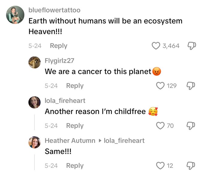 A screenshot of TikTok comments showing users expressing anti-human sentiment, with one saying "Earth without humans will be an ecosystem Heaven!!!" and others agreeing, including comments like "We are a cancer to this planet" and "Another reason I'm childfree," illustrating the poster's view that TikTok users lack critical thinking by overlooking humanity's positive contributions.