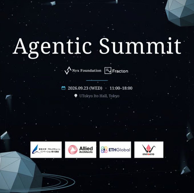 A dark promotional poster for 'Agentic Summit' hosted by Nyx Foundation and Fracton, scheduled for 2026.09.23 (WED) at UTokyo Ito Hall, Tokyo, featuring logos for Tokyo BlockChain Innovation Council, Allied Architects, ETHGlobal, and ETHTokyo.