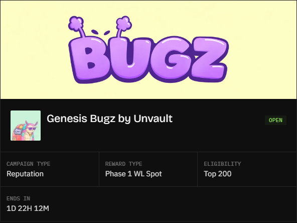 A promotional image for "Genesis Bugz by Unvault" NFT project, featuring the purple "BUGZ" logo and details indicating a Reputation campaign offering a Phase 1 WL Spot to the Top 200, ending in 1 day 22 hours 12 minutes. The image visually corresponds to the post's mention of this NFT drop as a highly anticipated upcoming project.