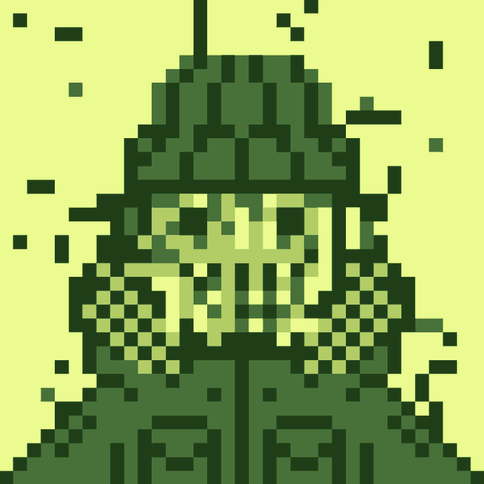 A pixel art image depicting a green, hooded figure with checkered patterns on its clothing against a yellow-green background.