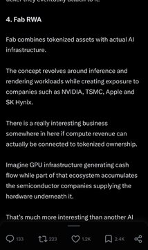 Text post titled '4. Fab RWA' explaining how Fab combines tokenized assets with AI infrastructure, creating exposure to companies like NVIDIA, TSMC, Apple, and SK Hynix.
